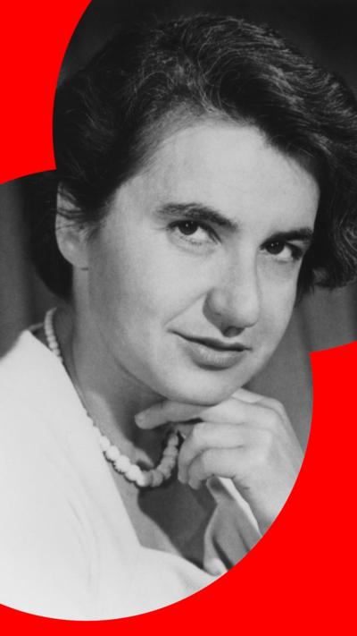 An image of Rosalind Franklin, in black and white, lightly touching the underside of her chin and looking at the camera side on - she is wearing a pearl necklace, what looks like the top of a dress, and has dark hair 