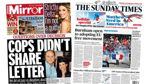 The Sunday Mirrror and Sunday Times newspaper headlines: 'Cops didn't share letter' and 'Burnham open to EU free movement'