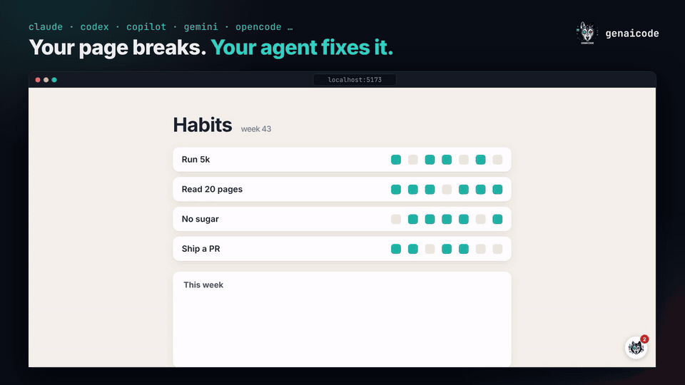 genaicode in 20 seconds: the Vite overlay fixes a broken page, run --verify sends a failed test back to the agent, and an agent inside an app waits for Approve.