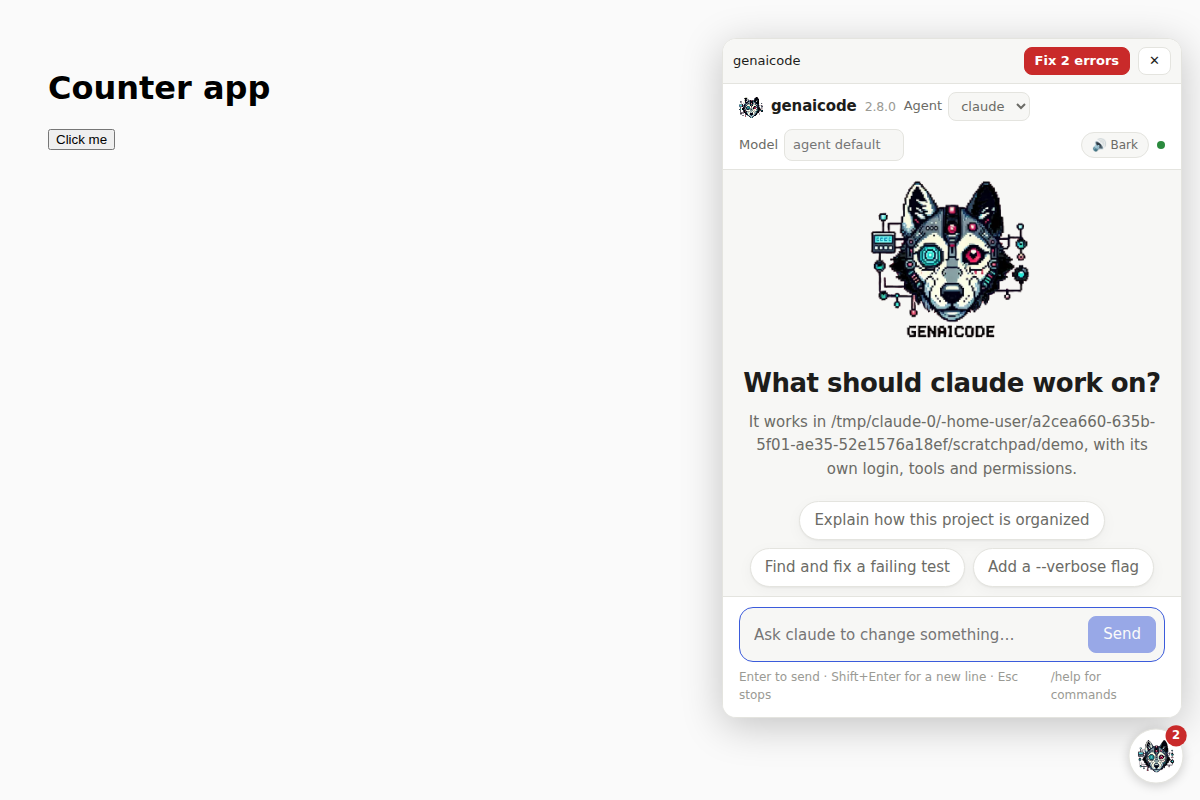 The genaicode panel over a Vite app: the agent fixed the page's two errors.